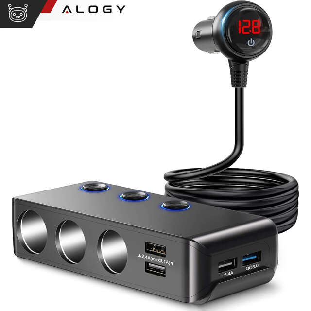  Alogy Adapter Rozdzielacz gniazda zapalniczki przełącznik 120W 3x Gniazdo zapalniczki + 4x USB QC Czarny