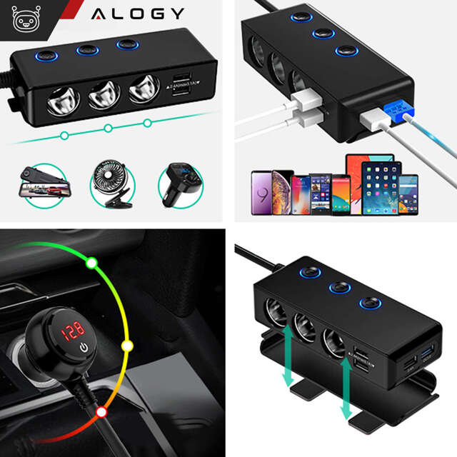  Alogy Adapter Rozdzielacz gniazda zapalniczki przełącznik 120W 3x Gniazdo zapalniczki + 4x USB QC Czarny