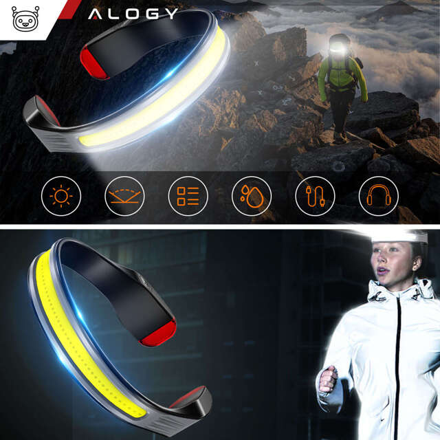 2x Alogy Lampka czołowa Czołówka latarka na czoło głowę LED COB USB-C Type C 3 Tryby świecenia IPX4