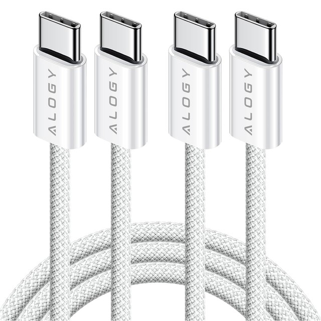 2x Kabel USB-C typ C mocny szybki 60W PD 1M do iPhone 15/Pro/Max nylonowy przewód Alogy biały [2szt]