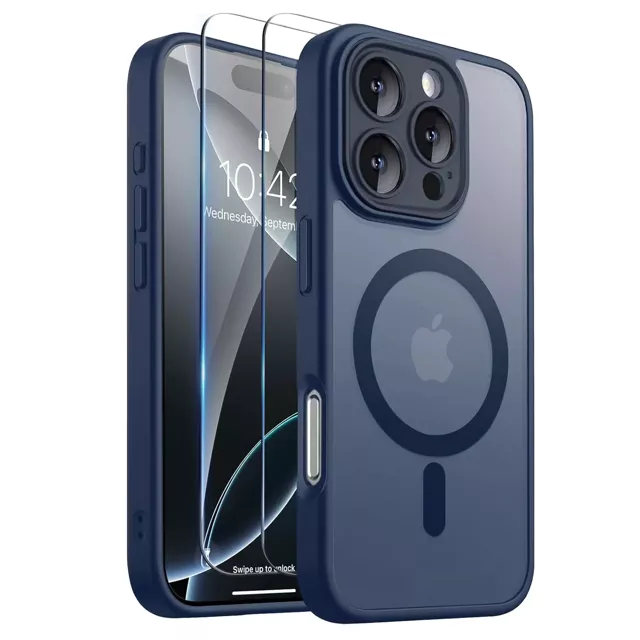 3w1 Zestaw Etui Hybrydowe + Szkło do Apple iPhone 16 Pro Max obudowa ochronna Hybrydowe MagSafe z ochroną obiektywu case + 2x Szkło hartowane ochronne na telefon Alogy 3in1 Case Pack Navy Blue Granatowe