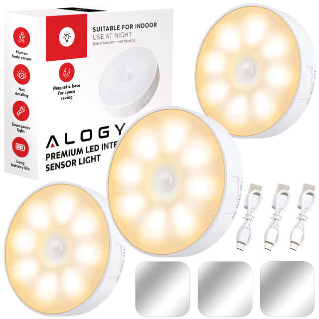 3x Alogy Lampka LED z czujnikiem ruchu Sensor Light Bezprzewodowa lampa nocna oświetlenie meblowe Światło ciepłe