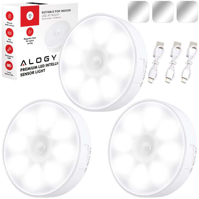 3x Alogy Lampka LED z czujnikiem ruchu Sensor Light Bezprzewodowa lampa nocna oświetlenie meblowe Światło zimne