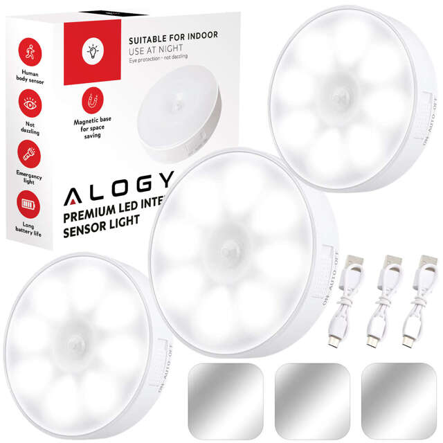 3x Alogy Lampka LED z czujnikiem ruchu Sensor Light Bezprzewodowa lampa nocna oświetlenie meblowe Światło zimne