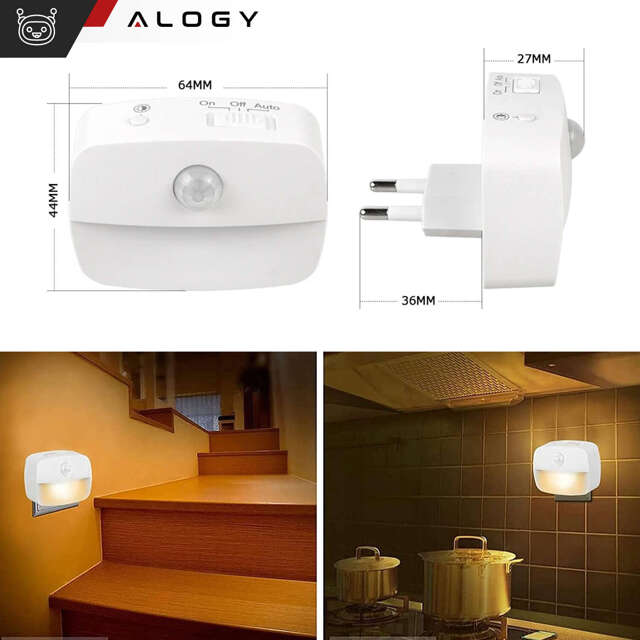 3x Alogy Lampka nocna z czujnikiem ruchu LED Night Light 3 barwy światła do gniazdka EU Biała