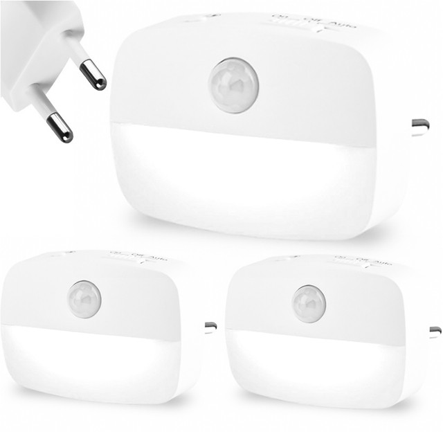 3x Alogy Lampka nocna z czujnikiem ruchu LED Night Light 3 barwy światła do gniazdka EU Biała