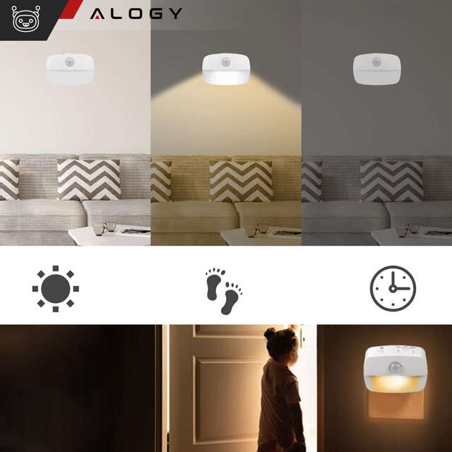 3x Alogy Lampka nocna z czujnikiem ruchu LED Night Light 3 barwy światła do gniazdka EU Biała