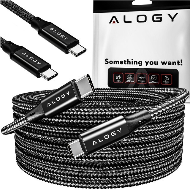 Alogy 2x Kabel USB-C typ C mocny szybki 60W PD 1M do iPhone 15/Pro/Max nylonowy przewód Czarny