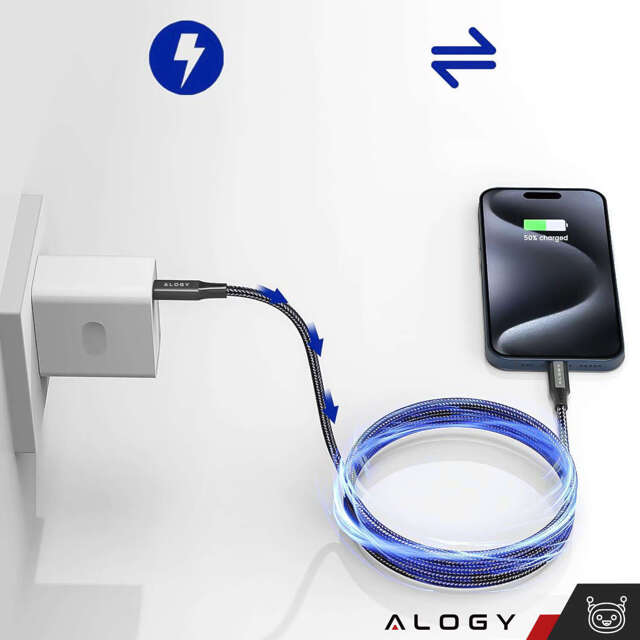 Alogy 2x Kabel USB-C typ C mocny szybki 60W PD 1M do iPhone 15/Pro/Max nylonowy przewód Czarny