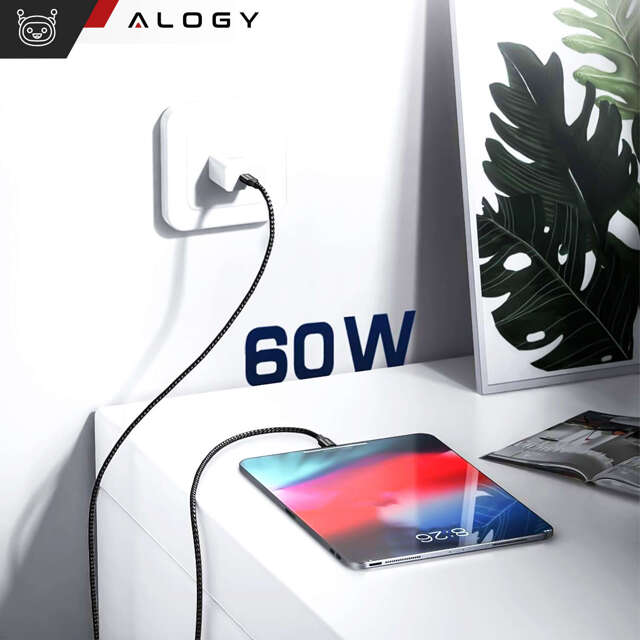 Alogy 2x Kabel USB-C typ C mocny szybki 60W PD 1M do iPhone 15/Pro/Max nylonowy przewód Czarny