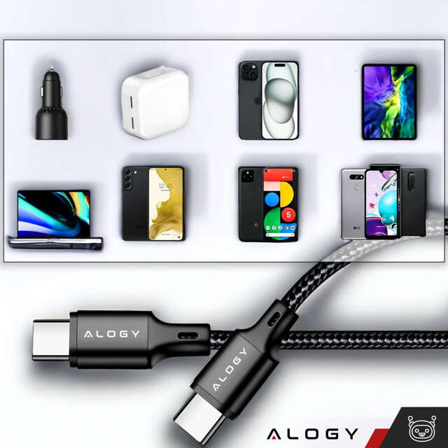 Alogy 2x Kabel USB-C typ C mocny szybki 60W PD 1M do iPhone 15/Pro/Max nylonowy przewód Czarny