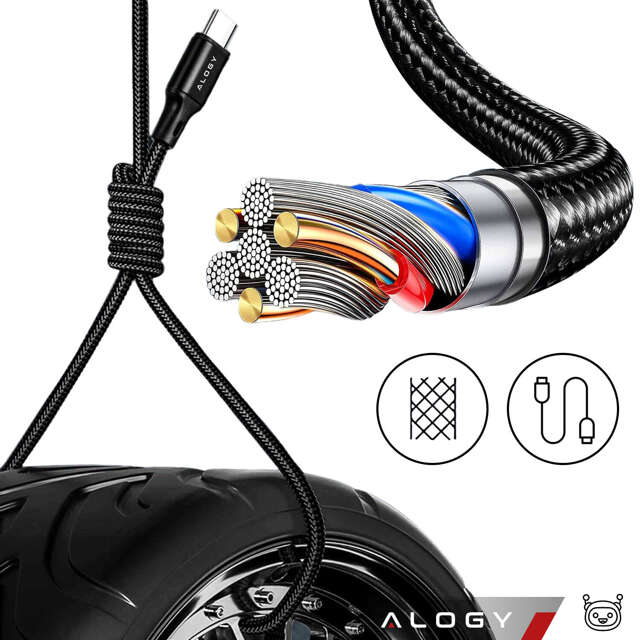 Alogy 2x Kabel USB-C typ C mocny szybki 60W PD 1M do iPhone 15/Pro/Max nylonowy przewód Czarny