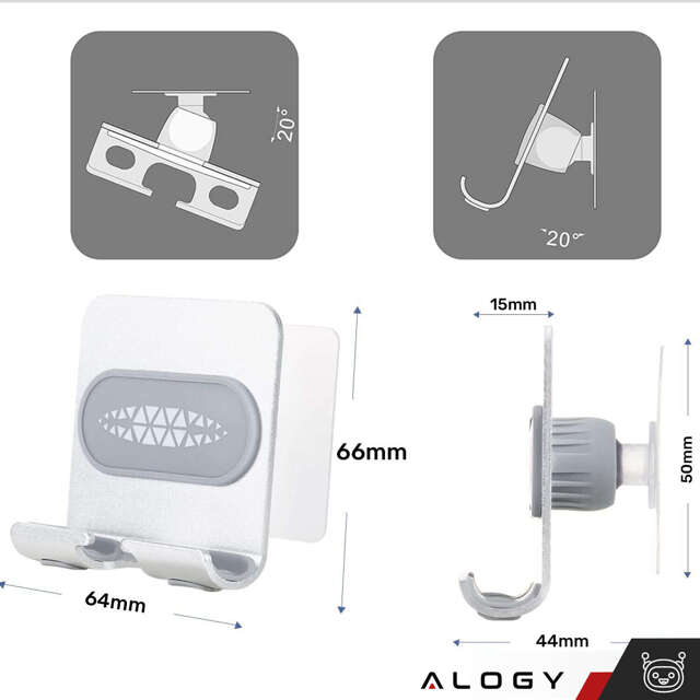 Alogy 2x Uchwyt ścienny do lustra na ścianę na telefon tablet konsolę klucze torbę akcesoria wieszak hak Srebrny