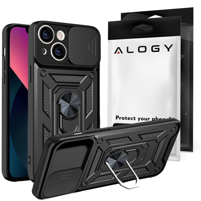 Alogy 360 Hybrid Set 6w1 Etui do iPhone 15 Pro Obudowa Case +2x szkło na ekran i obiektyw + Ring pancerne czarno-przezroczyste