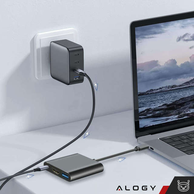 Alogy Adapter przejściówka HUB 3w1 USB-C na HDMI + USB-C + USB-A 4K 60Hz