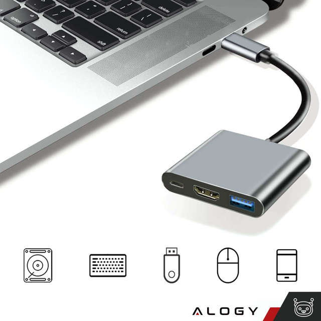 Alogy Adapter przejściówka HUB 3w1 USB-C na HDMI + USB-C + USB-A 4K 60Hz