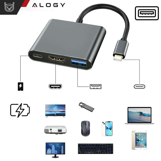 Alogy Adapter przejściówka HUB 3w1 USB-C na HDMI + USB-C + USB-A 4K 60Hz