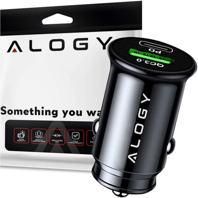 Alogy Car Ładowarka samochodowa USB QC 3.0 18W + USB C PD 20W szybka mocna do telefonu czarna