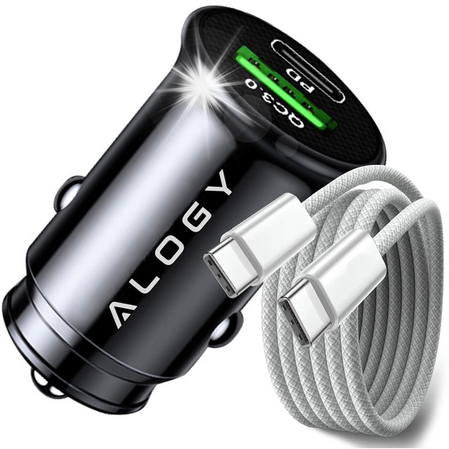 Alogy Car Ładowarka samochodowa USB QC 3.0 18W + USB C PD 20W szybka mocna do telefonu czarna