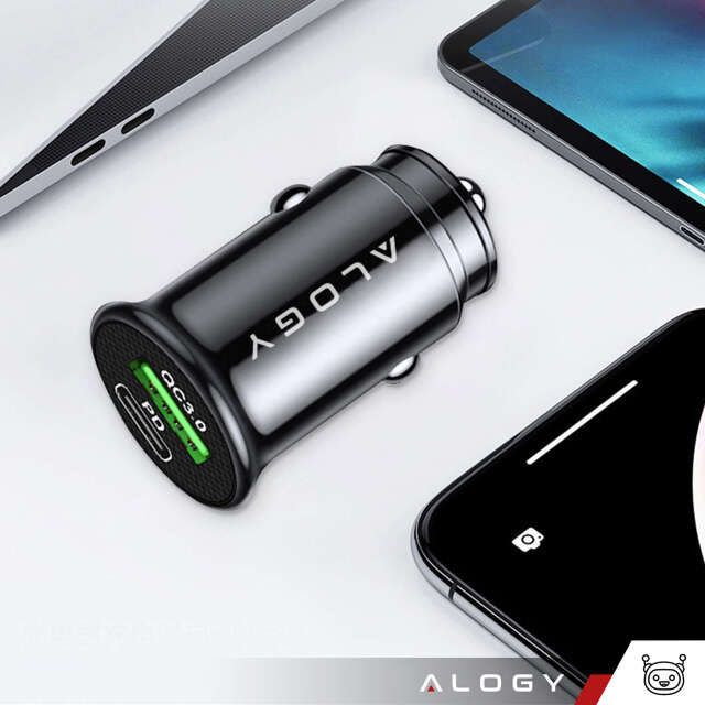 Alogy Car Ładowarka samochodowa USB QC 3.0 18W + USB C PD 20W szybka mocna do telefonu czarna