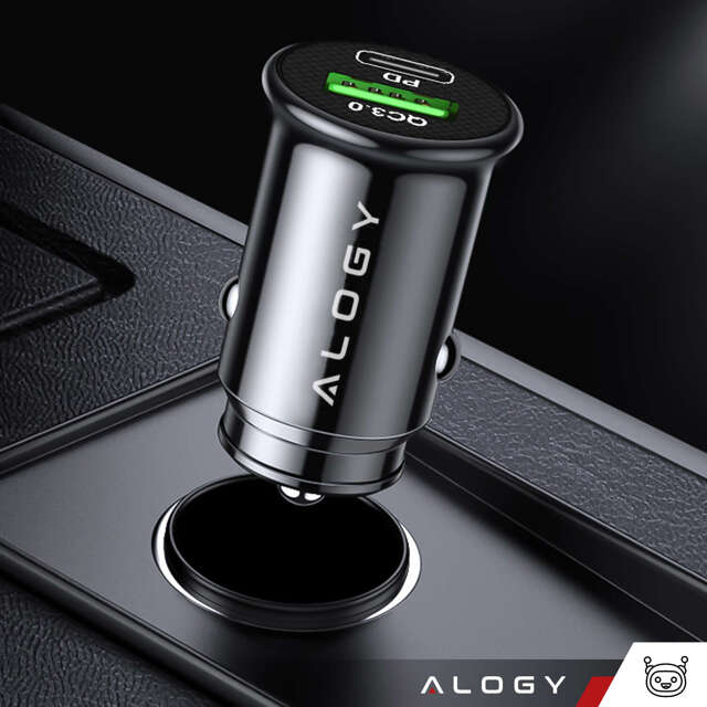 Alogy Car Ładowarka samochodowa USB QC 3.0 18W + USB C PD 20W szybka mocna do telefonu czarna