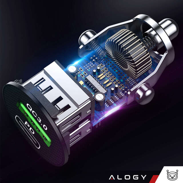 Alogy Car Ładowarka samochodowa USB QC 3.0 18W + USB C PD 20W szybka mocna do telefonu czarna