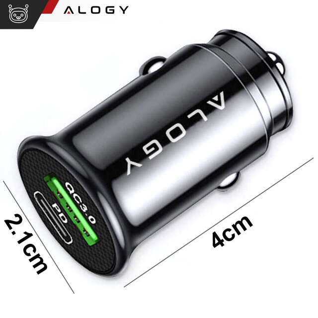 Alogy Car Ładowarka samochodowa USB QC 3.0 18W + USB C PD 20W szybka mocna do telefonu czarna