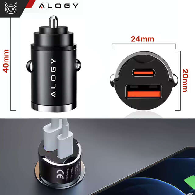 Alogy Car Ładowarka samochodowa USB QC 4.0 + USB-C PD 3.0 30W szybka mocna czarna