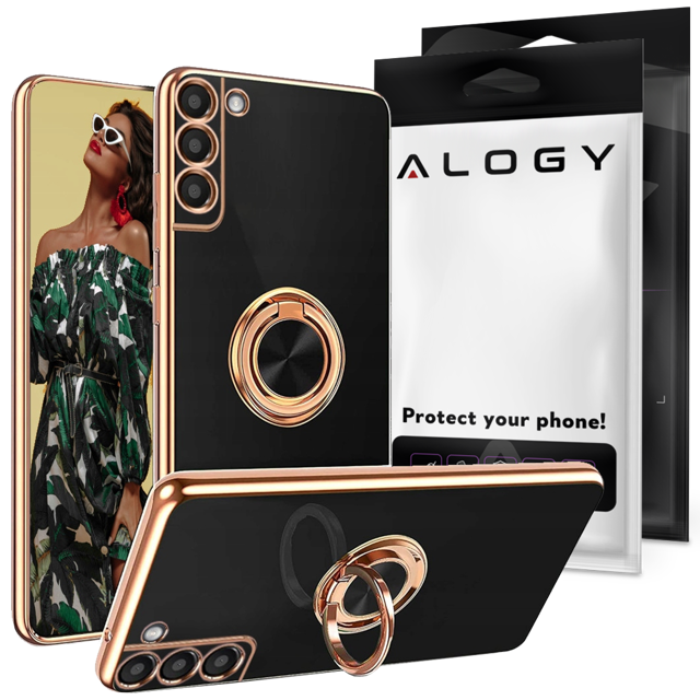 Alogy Etui TPU Luxury Ring Case z uchwytem na palec do Samsung Galaxy S21 FE 5G czarne ze złotą ramką