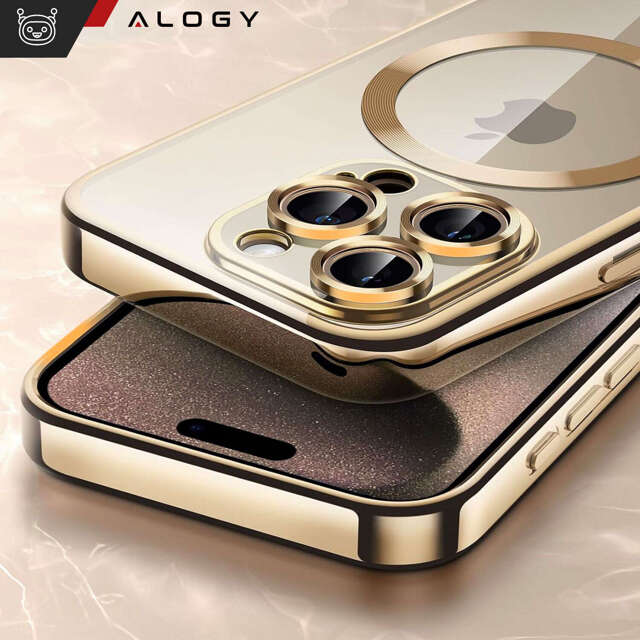 Alogy Etui do iPhone 15 Pro MagSafe Case Glamour Luxury Ring obudowa Złote przezroczyste