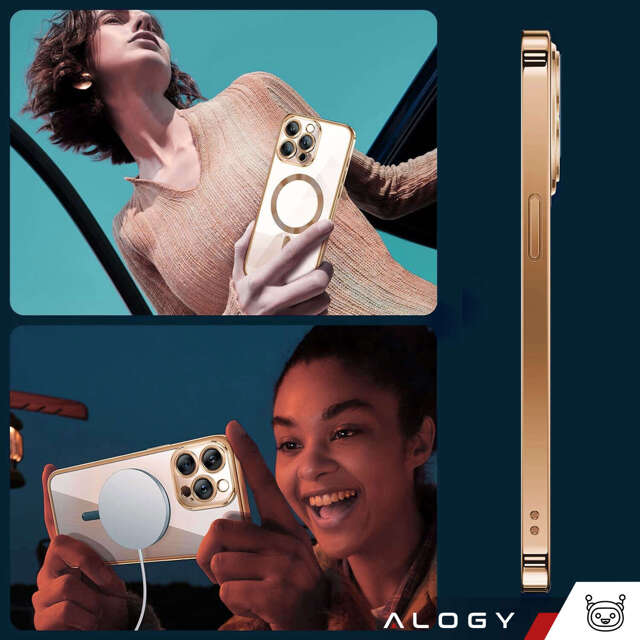 Alogy Etui do iPhone 15 Pro MagSafe Case Glamour Luxury Ring obudowa Złote przezroczyste