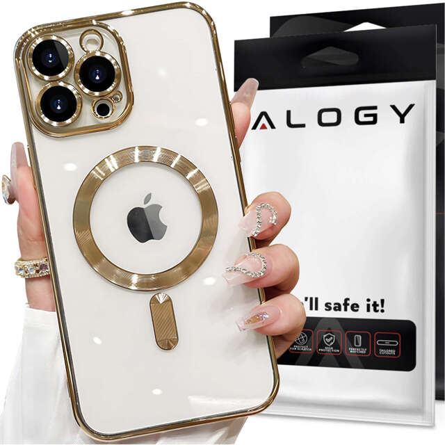 Alogy Etui do iPhone 15 Pro MagSafe Case Glamour Luxury Ring obudowa Złote przezroczyste