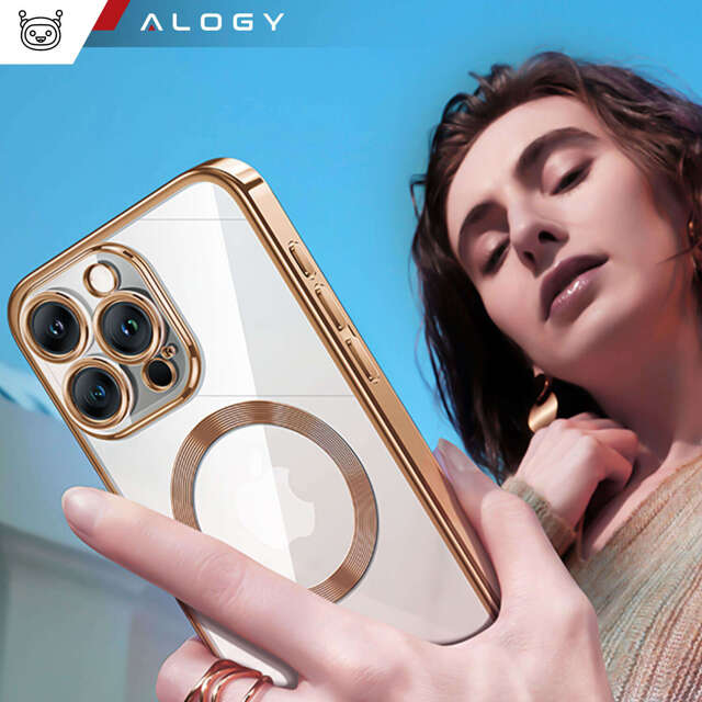 Alogy Etui do iPhone 15 Pro MagSafe Case Glamour Luxury Ring obudowa Złote przezroczyste