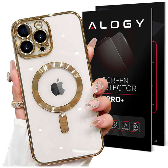 Alogy Etui do iPhone 15 Pro MagSafe Case Glamour Luxury Ring obudowa Złote przezroczyste