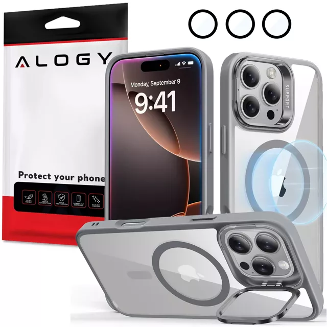 Alogy Etui hybrydowe ochronne do Apple iPhone 16 Pro Max KickStand Hybrid Case z podpórką do MagSafe Szare