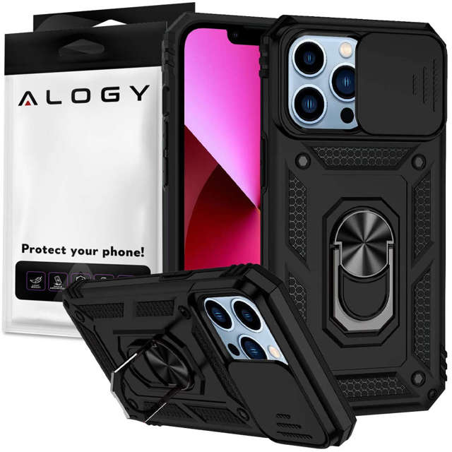 Alogy Etui na telefon obudowa z osłoną aparatu Camshield Stand Ring Duty do Apple iPhone 13 Pro Czarne