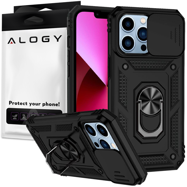 Alogy Etui na telefon obudowa z osłoną aparatu Camshield Stand Ring Duty do Apple iPhone 13 Pro Czarne