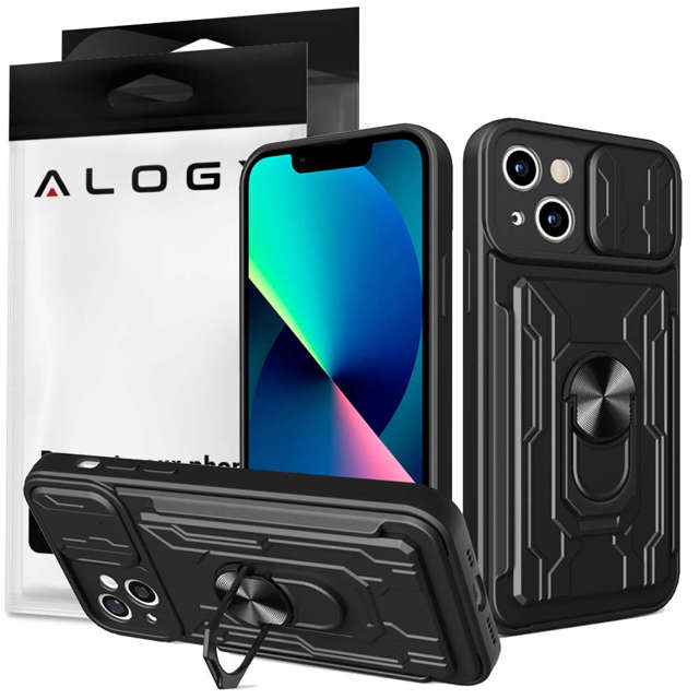 Alogy Etui pancerne Camshield Stand Ring Wallet z osłonką na aparat i miejscem na karty do Apple iPhone 14 Plus czarne