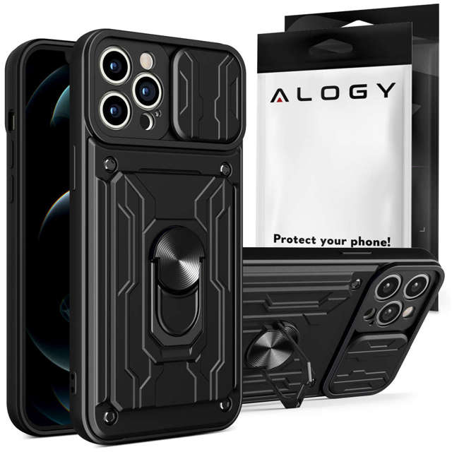 Alogy Etui pancerne Camshield Stand Ring Wallet z osłonką na aparat i miejscem na karty do Apple iPhone 14 Pro czarne