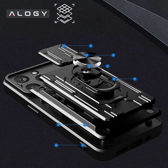 Alogy Etui pancerne Camshield Stand Ring Wallet z osłonką na aparat i miejscem na karty do Apple iPhone 14 Pro czarne