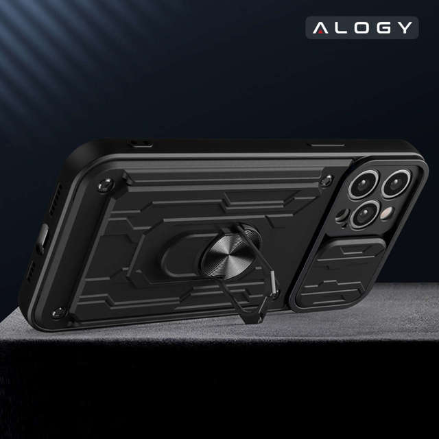 Alogy Etui pancerne Camshield Stand Ring Wallet z osłonką na aparat i miejscem na karty do Apple iPhone 14 Pro czarne