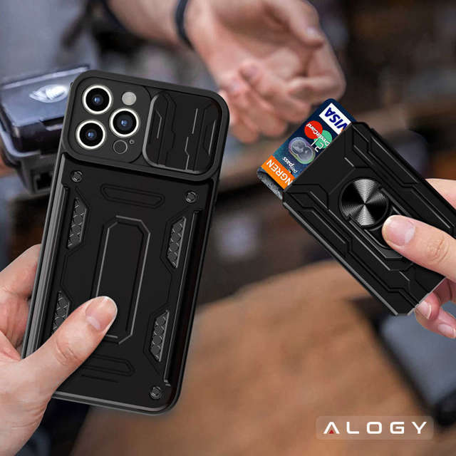 Alogy Etui pancerne Camshield Stand Ring Wallet z osłonką na aparat i miejscem na karty do Apple iPhone 14 Pro czarne