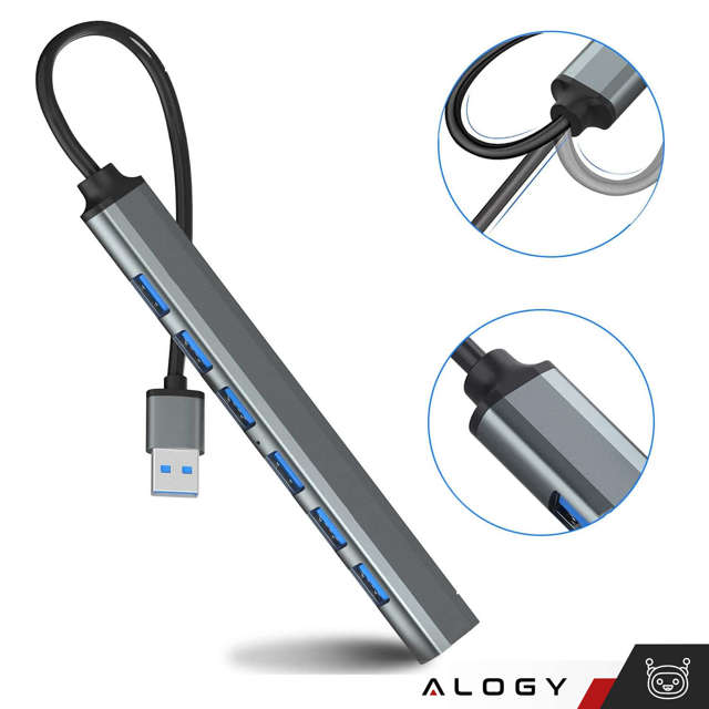 Alogy HUB USB na 7 portów USB 3.0 5GB/s Adapter rozdzielacz portów rozdzielnik Szary