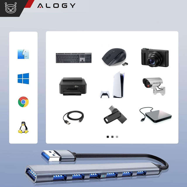 Alogy HUB USB na 7 portów USB 3.0 5GB/s Adapter rozdzielacz portów rozdzielnik Szary