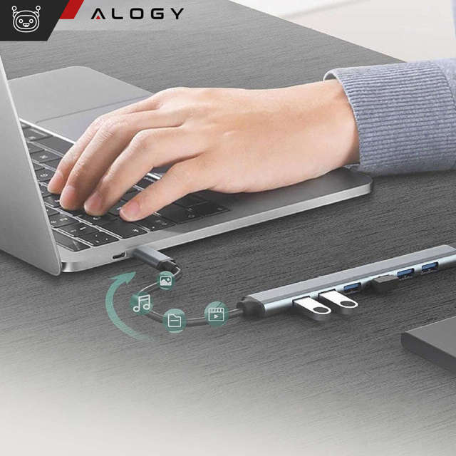 Alogy HUB USB na 7 portów USB 3.0 5GB/s Adapter rozdzielacz portów rozdzielnik Szary