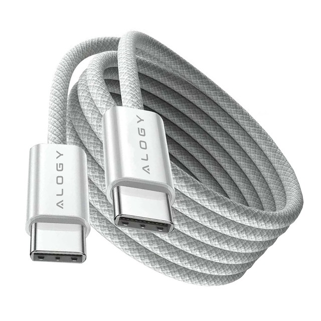 Alogy Kabel USB-C typ C mocny szybki 60W PD 1M do iPhone 15/Pro/Max iPad MacBook nylonowy przewód Biały