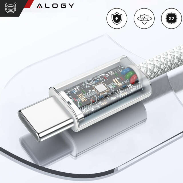 Alogy Kabel USB-C typ C mocny szybki 60W PD 1M do iPhone 15/Pro/Max iPad MacBook nylonowy przewód Biały