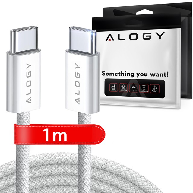 Alogy Kabel USB-C typ C mocny szybki 60W PD 1M do iPhone 15/Pro/Max iPad MacBook nylonowy przewód Biały