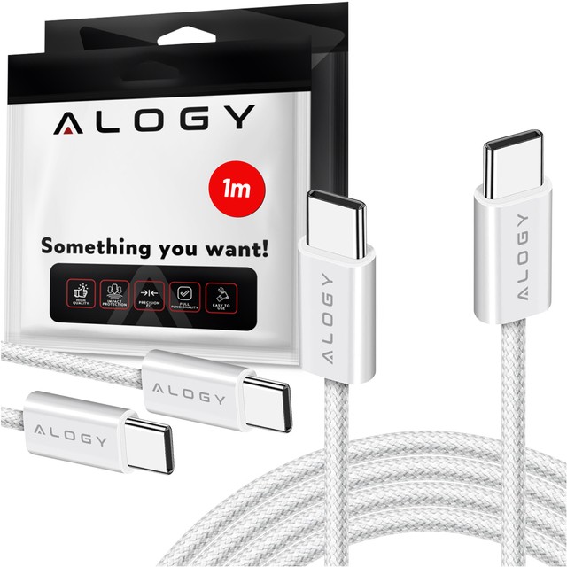 Alogy Kabel USB-C typ C mocny szybki 60W PD 1M do iPhone 15/Pro/Max iPad MacBook nylonowy przewód Biały