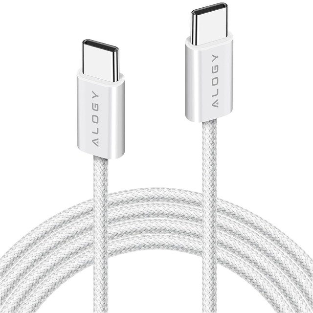 Alogy Kabel USB-C typ C mocny szybki 60W PD 1M do iPhone 15/Pro/Max iPad MacBook nylonowy przewód Biały